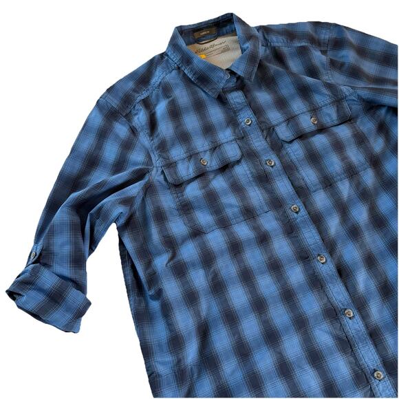 Eddie Bauer Women’s Blue Plaid Travex Roll Tab Sleeve Vented Shirt Size Large - Picture 1 of 16